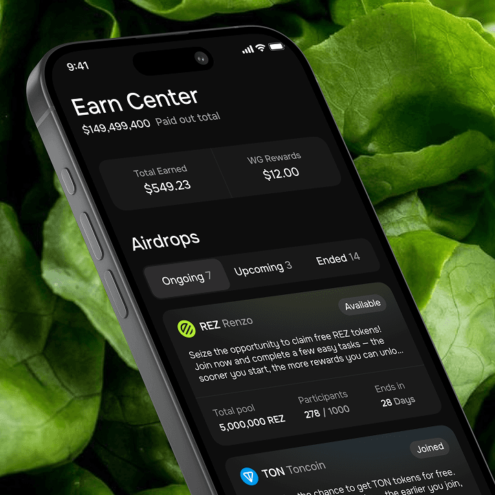 Earn Center screen showing airdrops and rewards
