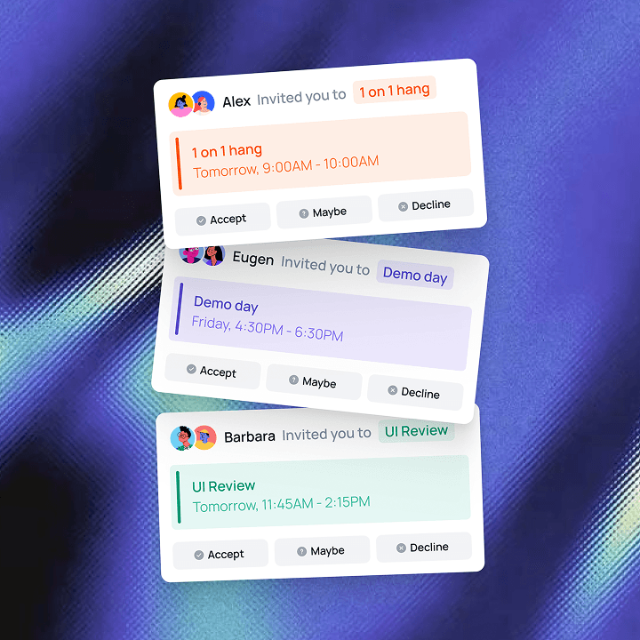Meeting invite cards with accept, maybe, and decline actions