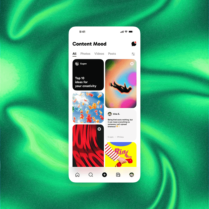 Content feed screen with a grid of photos and posts
