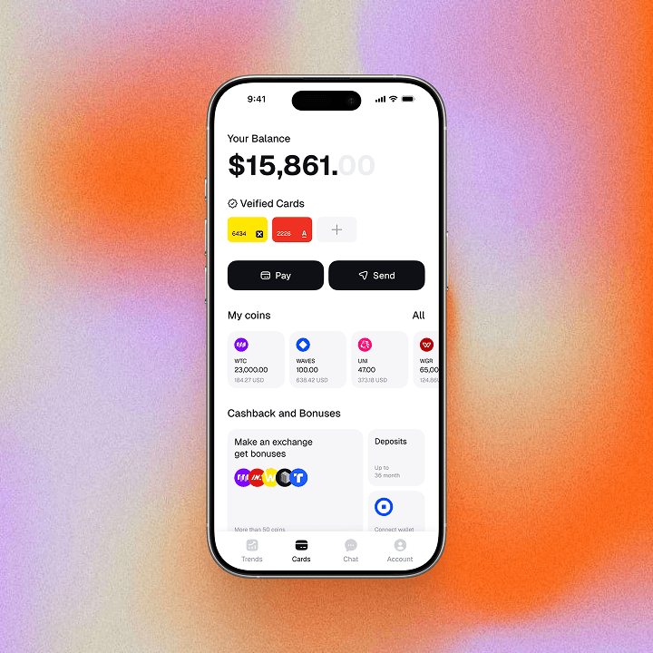 Finance app screen showing balance, cards, and coins