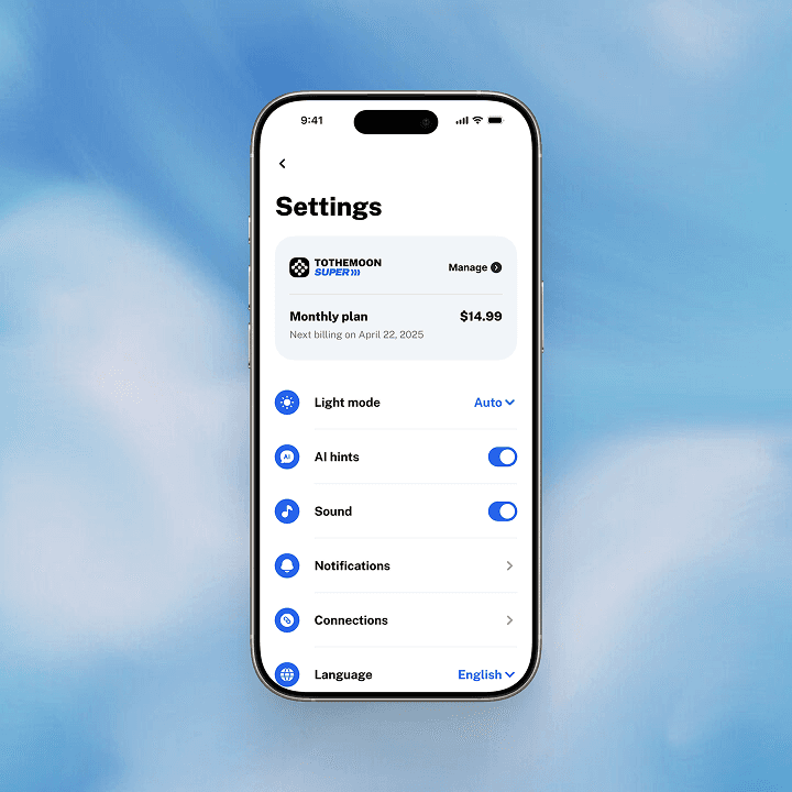 Settings screen with subscription plan and preferences