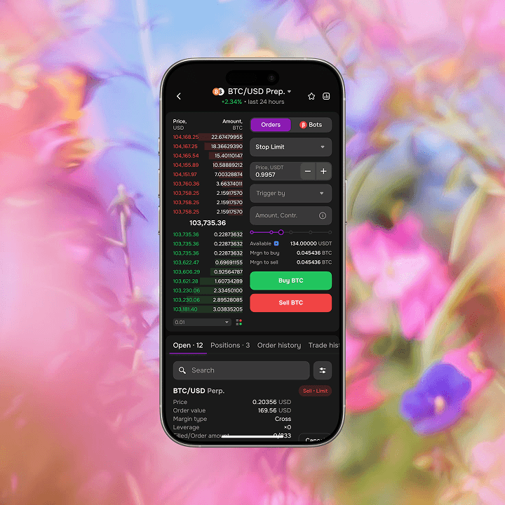 Crypto trading screen with an order book and buy/sell actions