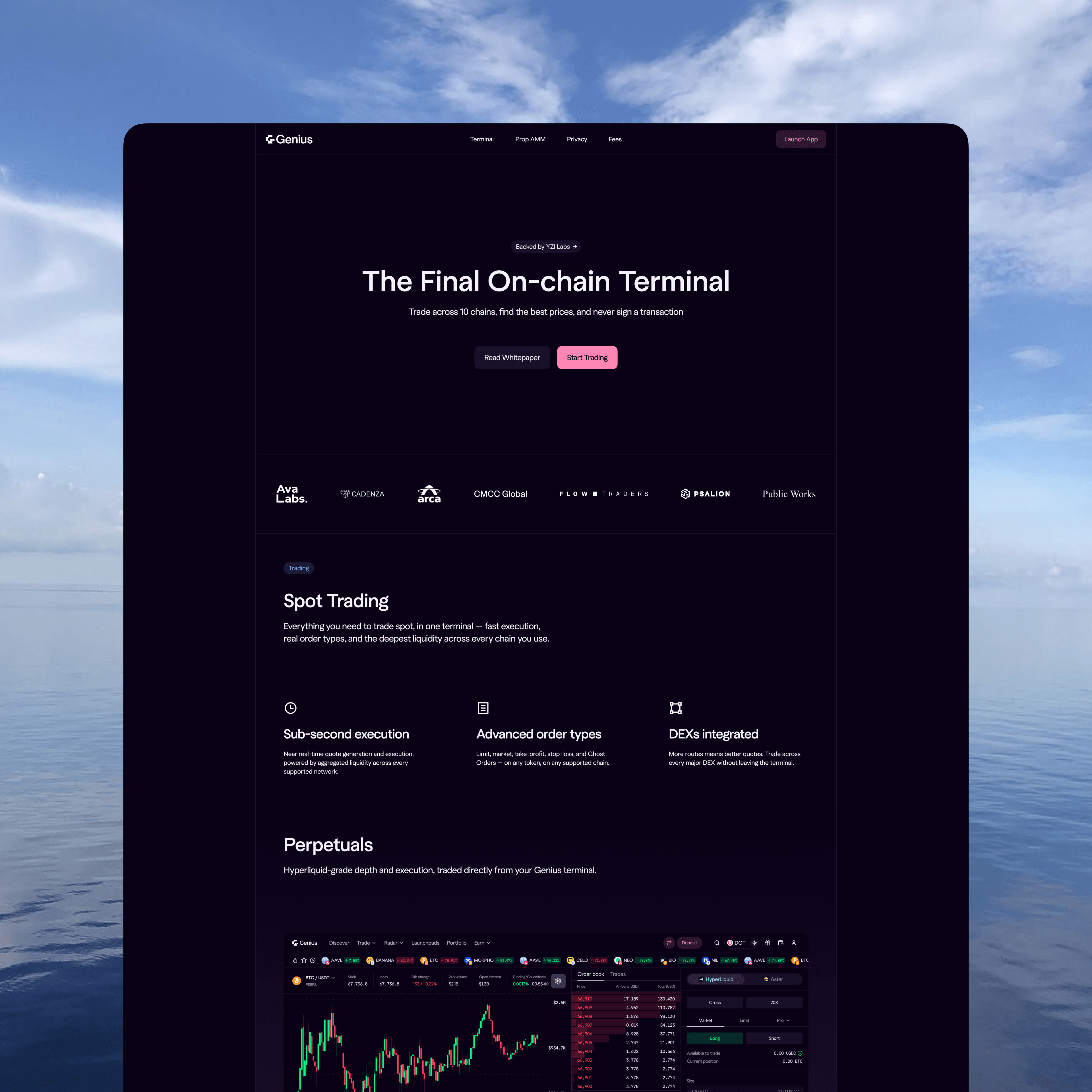 Genius trading terminal landing page with hero headline and a live BTC perps dashboard