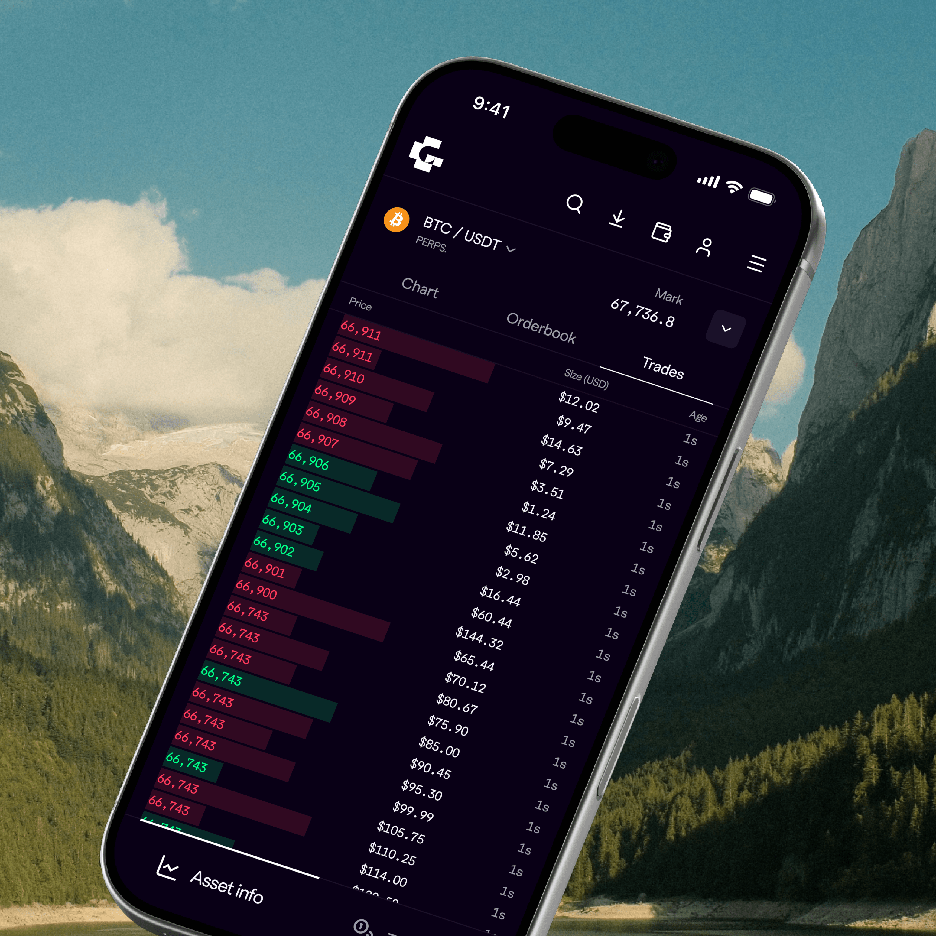 BTC/USDT perpetuals order book and trades screen on a floating phone mockup
