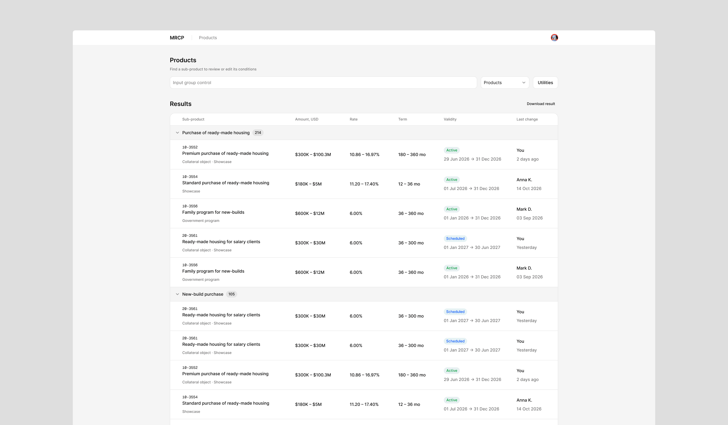 The rebuilt products table: sub-products grouped under their product, amount and rate ranges in one cell, status as a badge