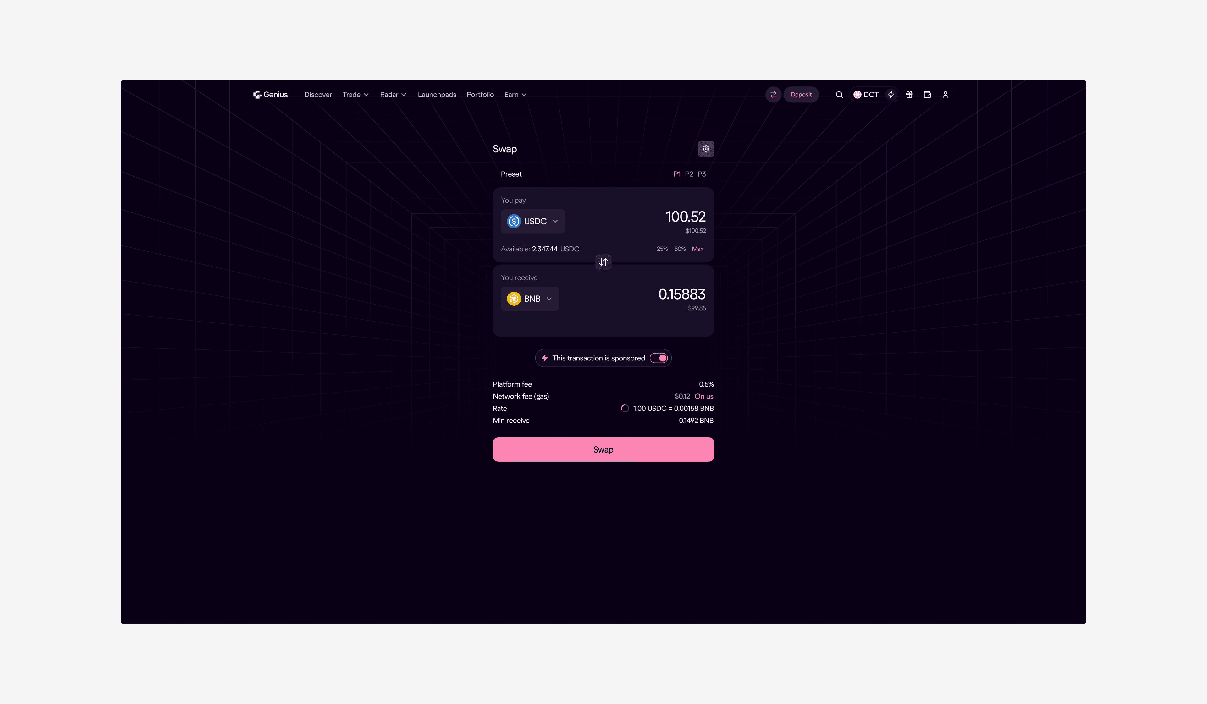 The swap screen exchanging USDC for BNB, with a sponsored transaction that covers the network fee