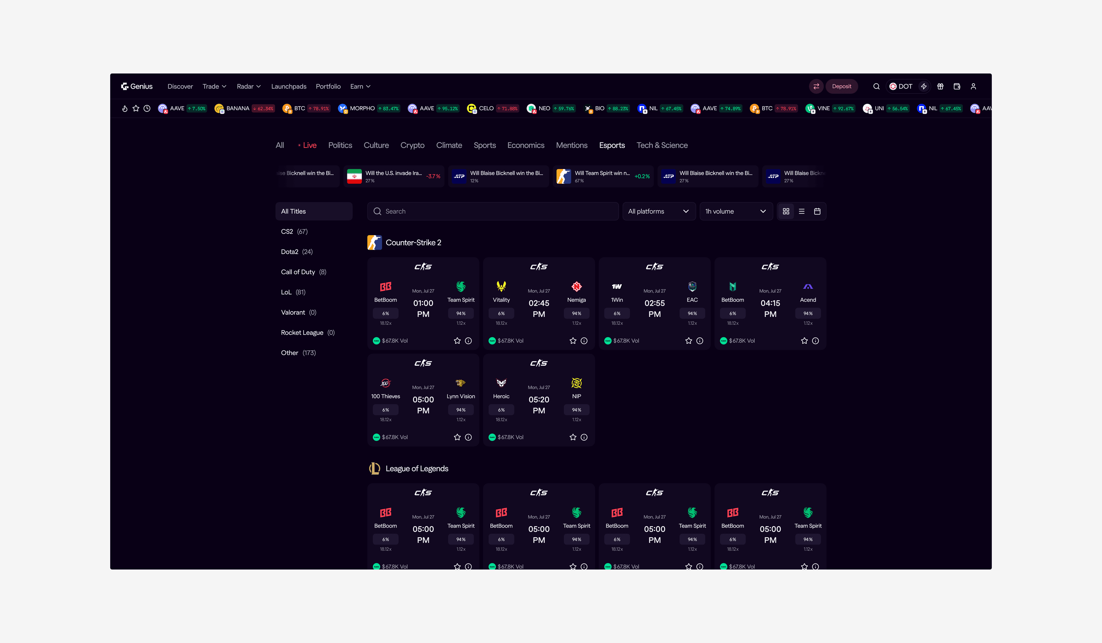 Prediction markets browsed by category, with live esports matches shown as cards