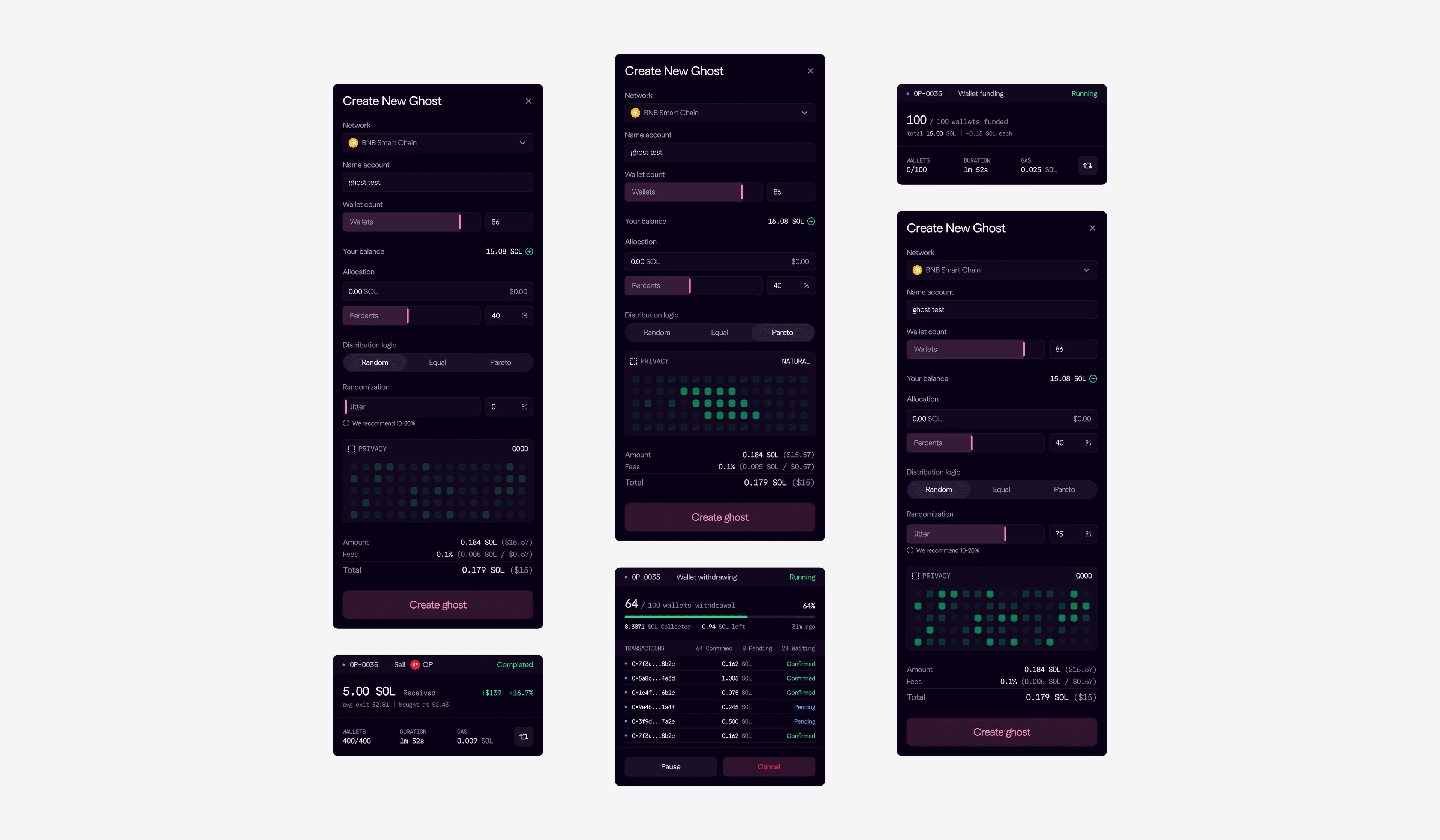 The full Ghost terminal showing volume distribution, wallet groups, and trade history