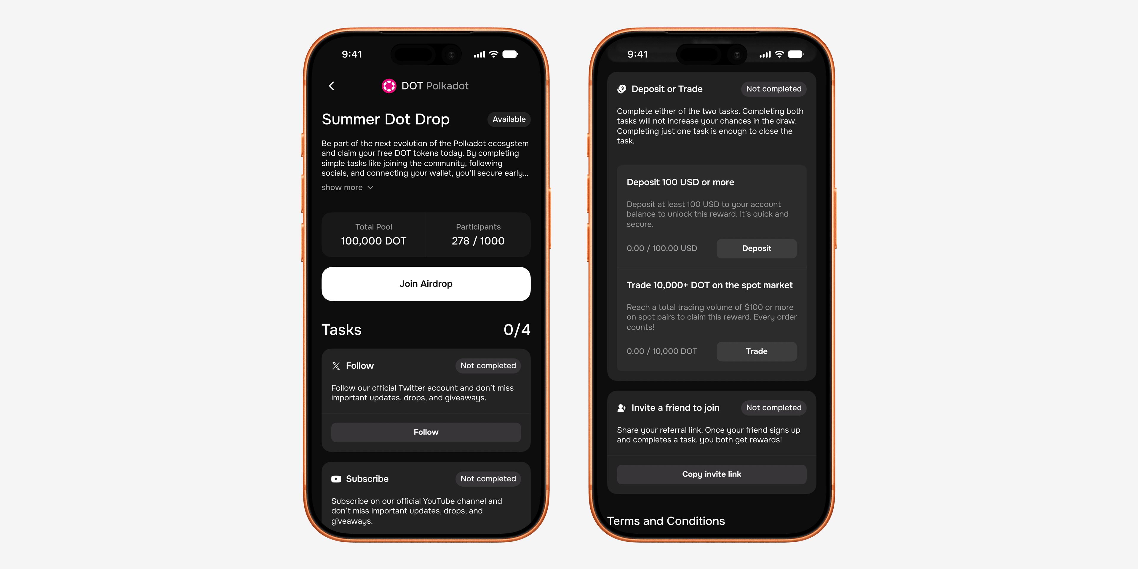 Airdrop detail screen for the Summer Dot Drop showing its tasks and a deposit or trade reward step