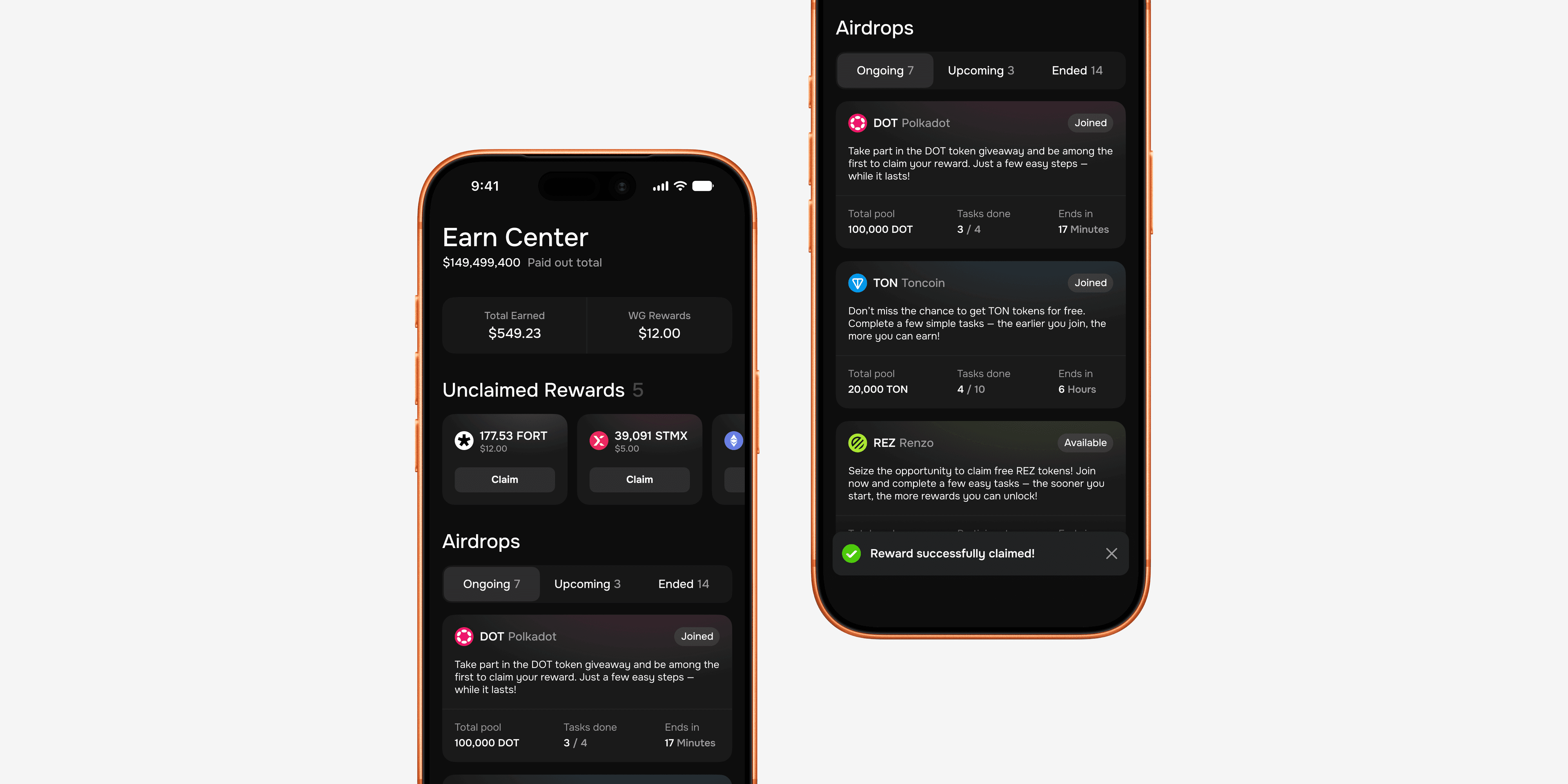 Earn Center dashboard showing unclaimed rewards and the list of ongoing airdrops