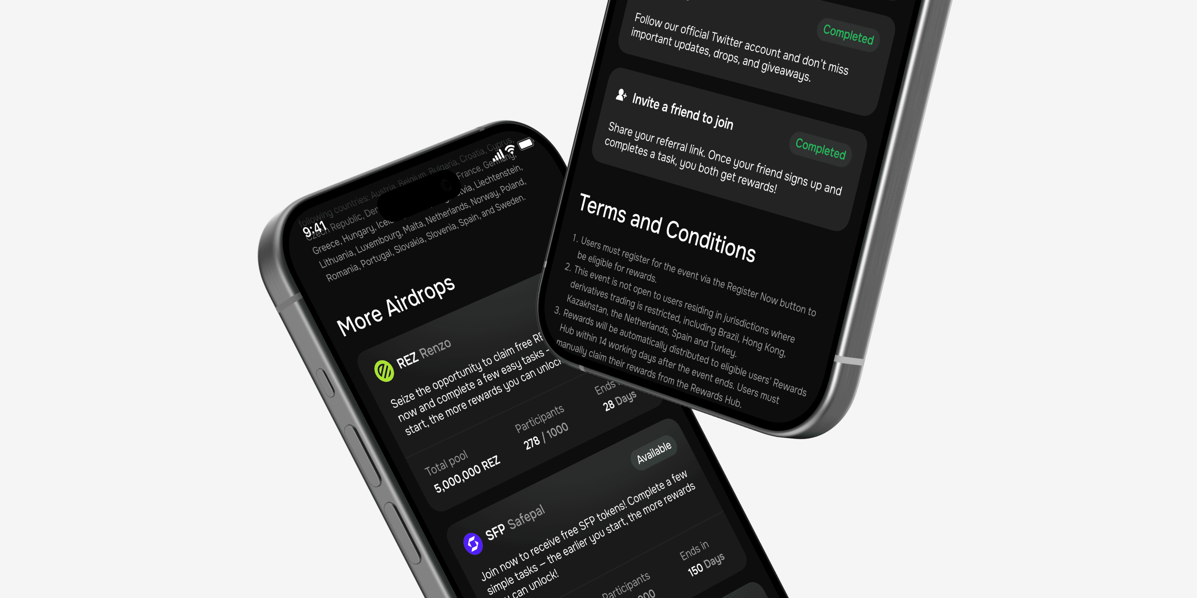 More airdrops list with completed tasks and the terms and conditions for an offer