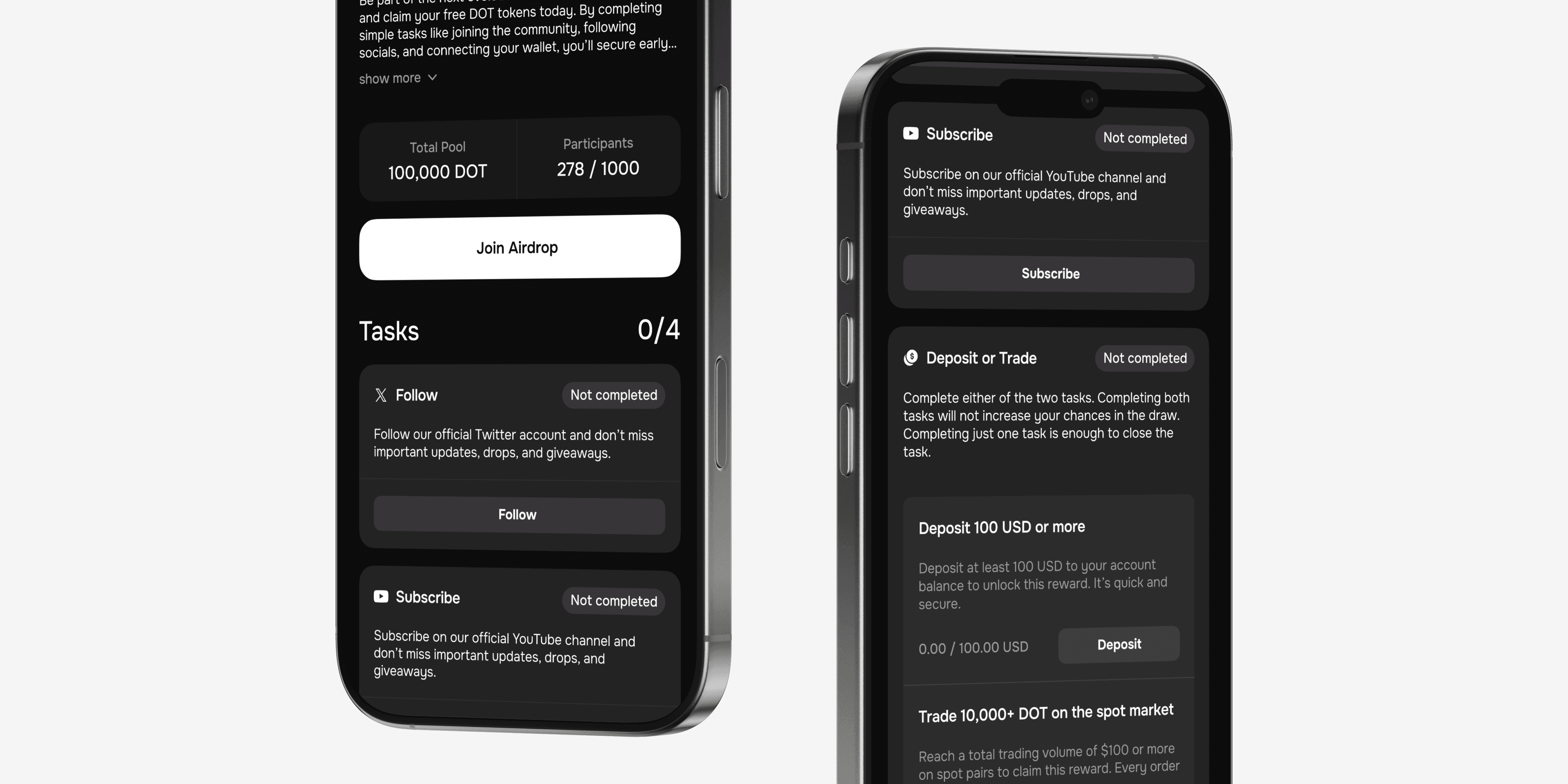 Airdrop task list showing follow, subscribe, deposit, and trade steps with their completion status